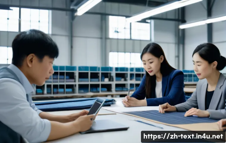 섬유기사와 직장 내 커뮤니케이션 - A modern textile factory meeting room scene showing diverse technical staff attentively engaging in ...