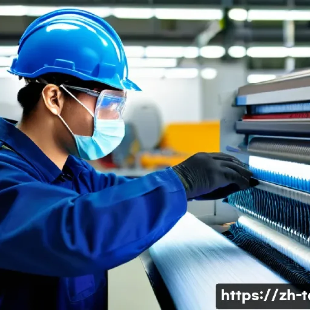 섬유기사와 실기시험 문제 유형 - A detailed scene inside a modern textile factory showing a skilled technician wearing protective glo...