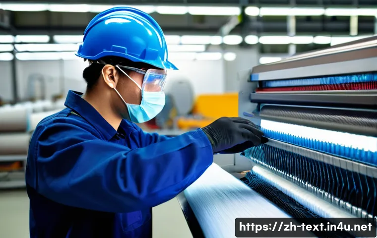 섬유기사와 실기시험 문제 유형 - A detailed scene inside a modern textile factory showing a skilled technician wearing protective glo...