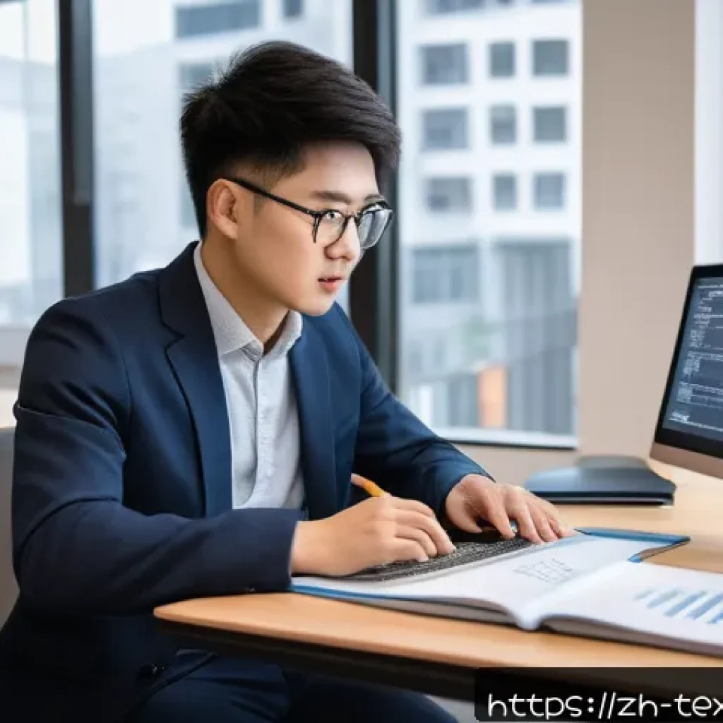 섬유기사와 시험 후기 공유 - A modern study environment featuring a young Chinese professional in casual business attire reviewin...