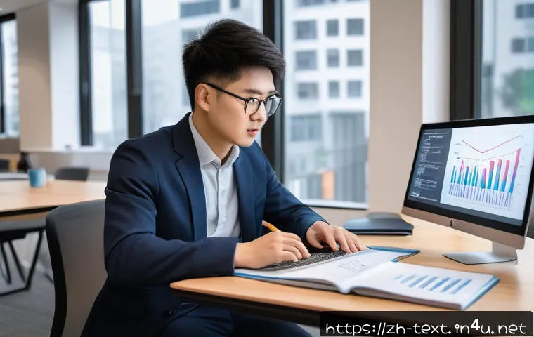 섬유기사와 시험 후기 공유 - A modern study environment featuring a young Chinese professional in casual business attire reviewin...