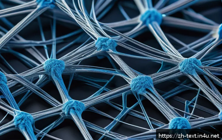 섬유기사와 실무적 응용 - A highly detailed close-up of nanofiber material under a microscope, showcasing ultra-fine fibers wi...