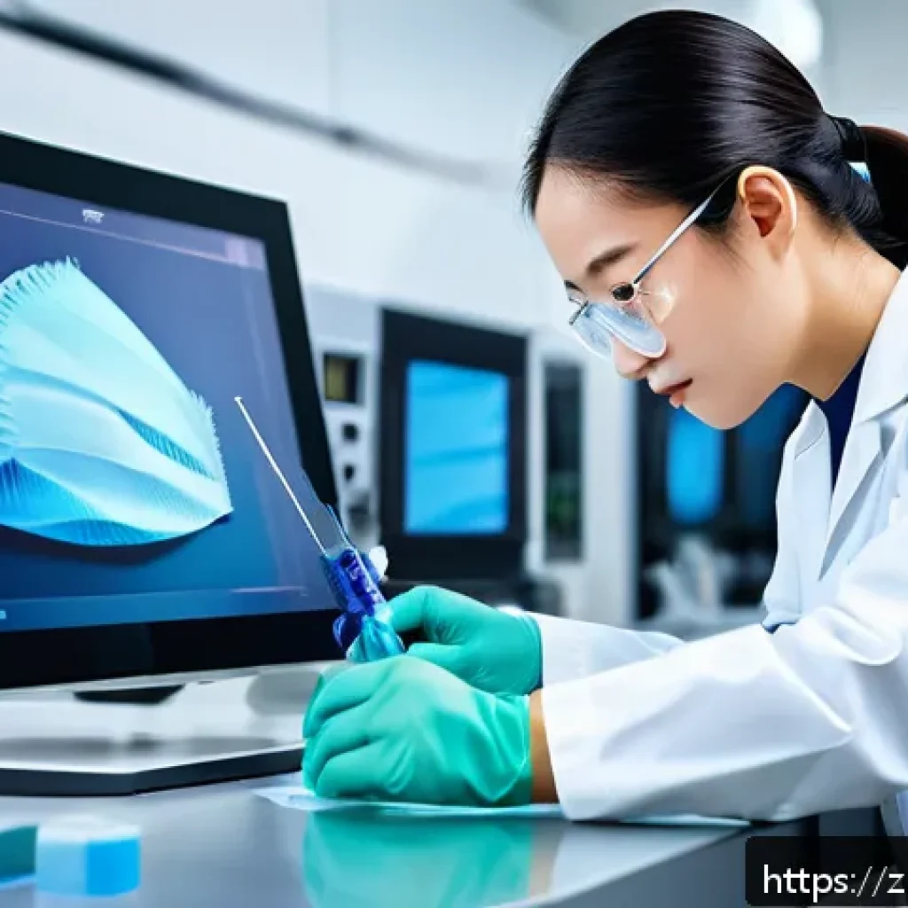 섬유기사와 시험 출제 경향 - A modern textile laboratory scene showing a skilled fiber technician wearing professional workwear a...