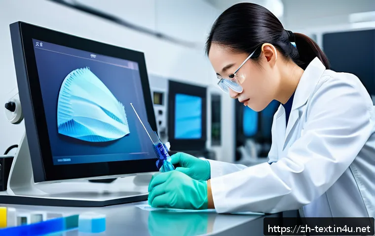 섬유기사와 시험 출제 경향 - A modern textile laboratory scene showing a skilled fiber technician wearing professional workwear a...