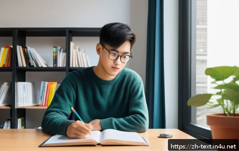 섬유기사 시험 준비 동기부여 - A modern, bright study room with a young Chinese student sitting at a tidy desk, focused on studying...