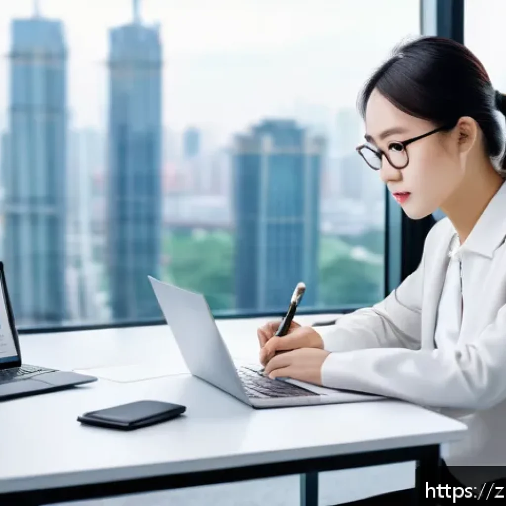 섬유기사 실무 보고서 작성법 - A modern office scene showing a young Chinese professional woman in business casual attire sitting a...