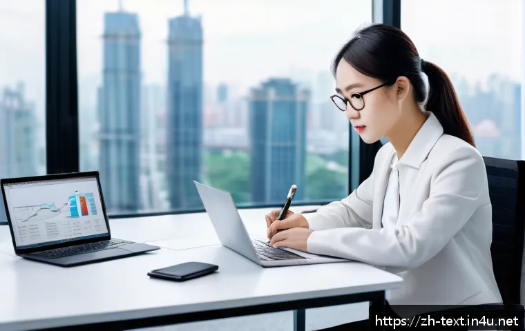 섬유기사 실무 보고서 작성법 - A modern office scene showing a young Chinese professional woman in business casual attire sitting a...