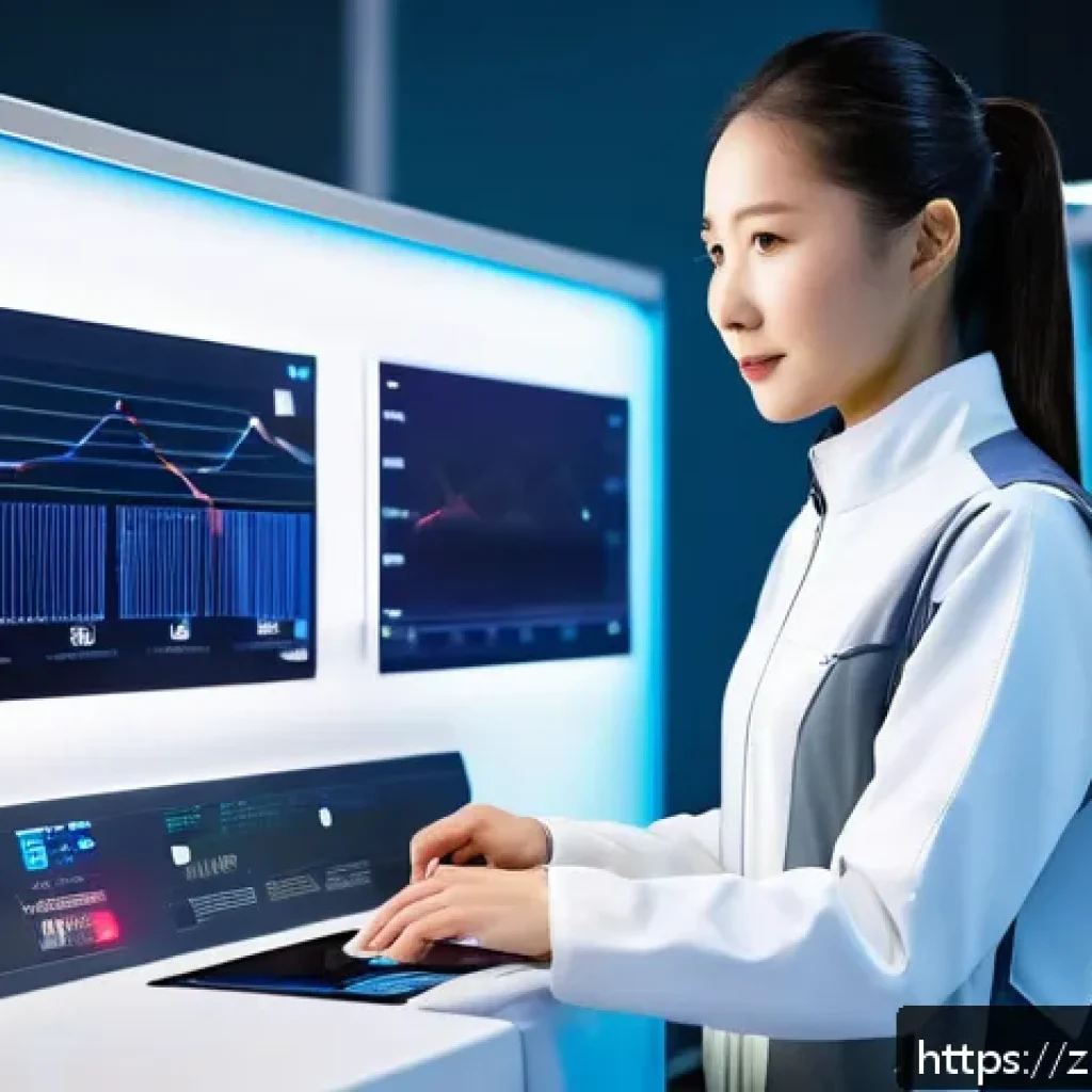 섬유기사와 관련 직종 - A futuristic smart textile laboratory scene showcasing a female engineer wearing sporty smart clothi...