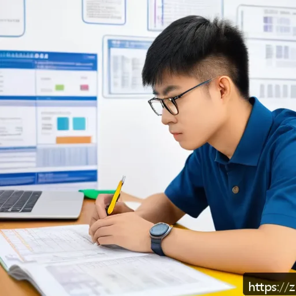 섬유기사 시험일정 - A modern study room scene with a young Chinese adult male fiber technician candidate sitting at a ti...