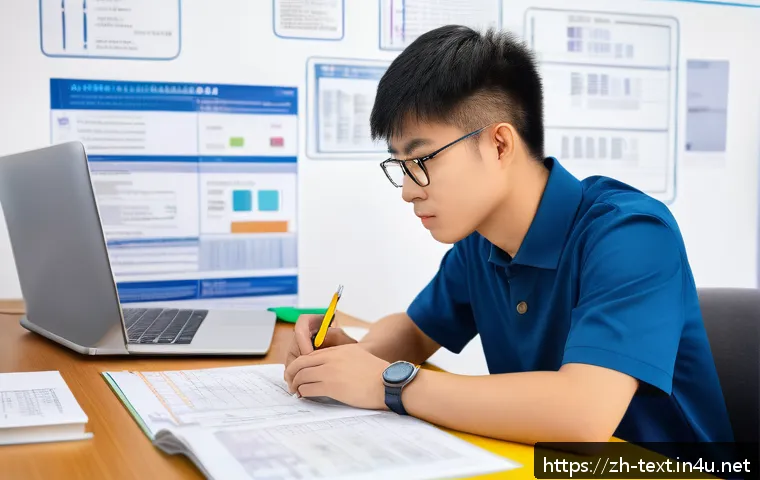 섬유기사 시험일정 - A modern study room scene with a young Chinese adult male fiber technician candidate sitting at a ti...