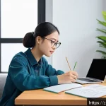 섬유기사 자격증 취득 후기 - A focused young adult studying fiber technology certification at a modern desk with textbooks open, ...