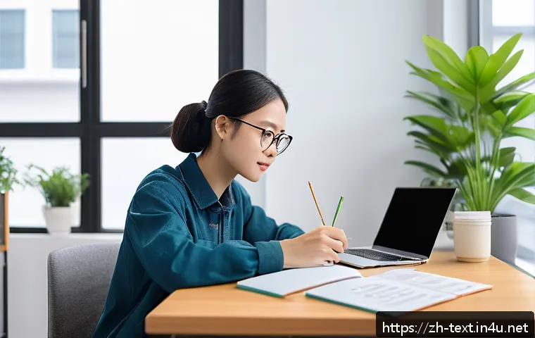 섬유기사 자격증 취득 후기 - A focused young adult studying fiber technology certification at a modern desk with textbooks open, ...