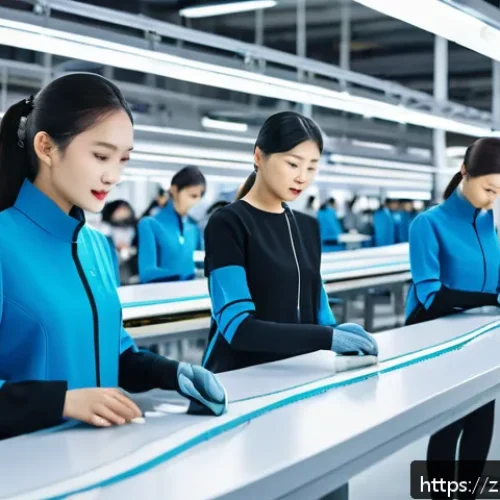 섬유기사와 의류 시장 동향 - A futuristic fashion factory interior showcasing a fully automated production line with sleek roboti...