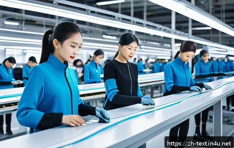 섬유기사와 의류 시장 동향 - A futuristic fashion factory interior showcasing a fully automated production line with sleek roboti...