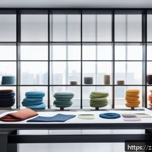 섬유기사 자격증과 패션 디자이너 경력 - A modern fashion designer studio showcasing various advanced fibers laid out on a sleek table, inclu...