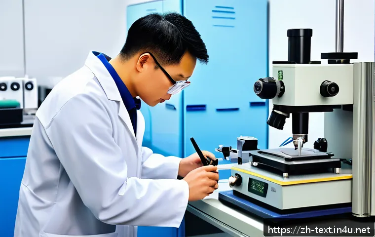 섬유기사 필기시험 예상 문제 - A highly detailed scientific illustration of fiber physical testing in a modern laboratory setting: ...