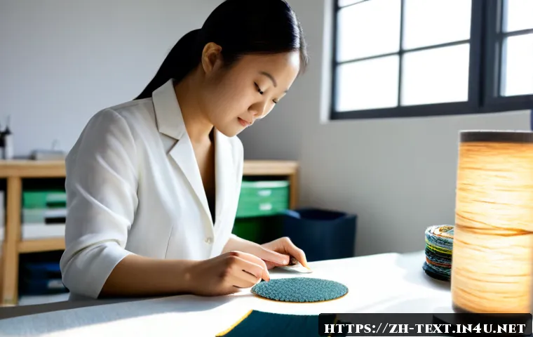 섬유기사와 패션 산업 혁신 - Photorealistic textile engineer in a modern sustainable fabric laboratory, examining a luminous recy...