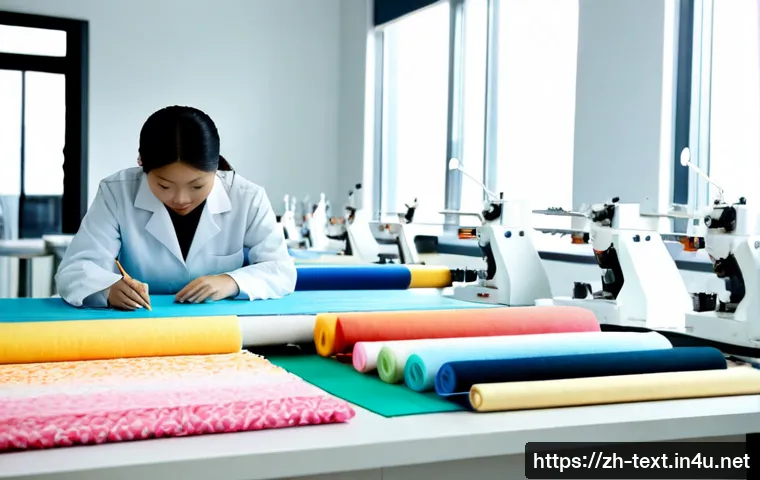섬유기사와 관련 직업별 연봉 수준 - Photorealistic textile engineer in a clean modern fabric testing laboratory, examining woven materia...