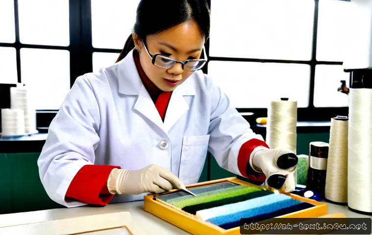 섬유기사 실기시험 팁과 노하우 - Photorealistic textile technician practical examination scene, focused adult candidate wearing clean...